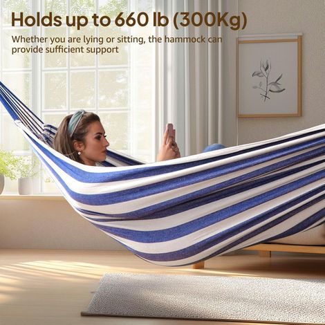 Hamac de Jardin Suspendu Toile Coton 2 Personnes avec Sangles de Fixation Arbre et Mousquetons pour Camping Voyage Terrasse Extérieur Intérieur
