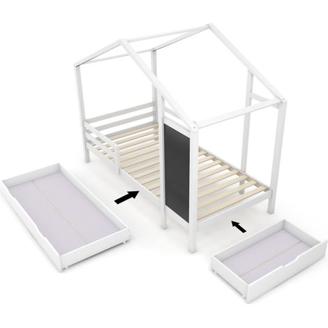 Lit cabane pour enfant 90 x 200 cm, lit en bois avec tableau et 2 tiroirs, bois massif avec barrière et sommier à lattes, blanc (sans matelas) (1/5)