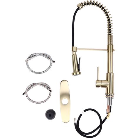 Robinet de cuisine mélangeur eau chaude froide, tirage ressort doré, filetage G1/2, pour évier et lavabo (1/5)