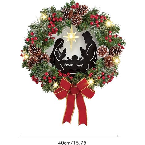 Couronne de Noël avec Jésus, baies rouges, pommes de pin, crèche, guirlande lumineuse LED, décorations de Noël variées (1/5)