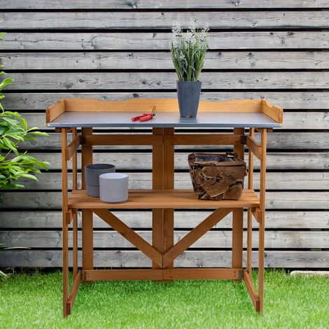 Pflanztisch Gartenarbeitstisch Pflanzentisch Holz, Klappbar Ablagefach, Grill Arbeitstisch Kiefernholz braun, HxLxB 94x86x43 cm