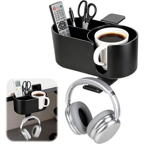 Porte-gobelet de bureau 4 en 1 avec crochet pour casque et porte-stylo - noir - fixation amovible, idéal pour les bureaux et les bateaux (1/5)
