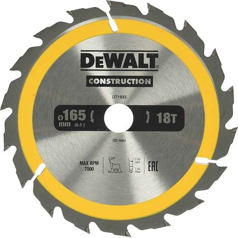 DeWALT DT1933 Cordless Construction Cordless Circular Saw Blade 165 x 20mm x 18T