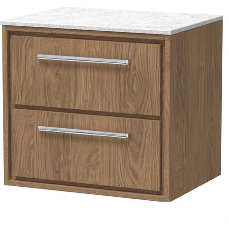 Longnor 2 Drawer Wall Hung Vanity Unit with White Marble Worktop, Antique Oak, 600mm