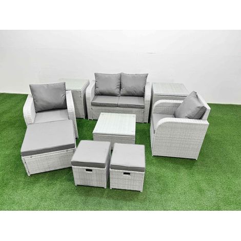 Fimous Light Grey PE Wicker Rattan Garden Furniture Set Sofa Set Reclining Adjustable Chair Square Coffee Table 7 Seater 3 Stools 3 Side Table (1/4)
