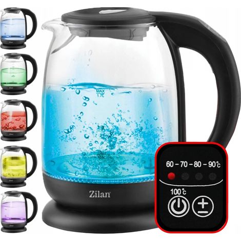 Zilan, Bollitore con corpo in vetro borosilicato alto, Spegnimento automatico con Led con Diversi Colori dei LED, 1,7Lt, 5 diverse impostazioni di temperatura, Bollitore cordless 360° , 2200W, (1/4)