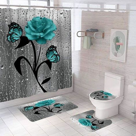 Ensemble de rideau de douche 4 pièces,ensemble de rideau de douche et tapis,tapis antidérapant,siège de toilette-MCJ (1/4)
