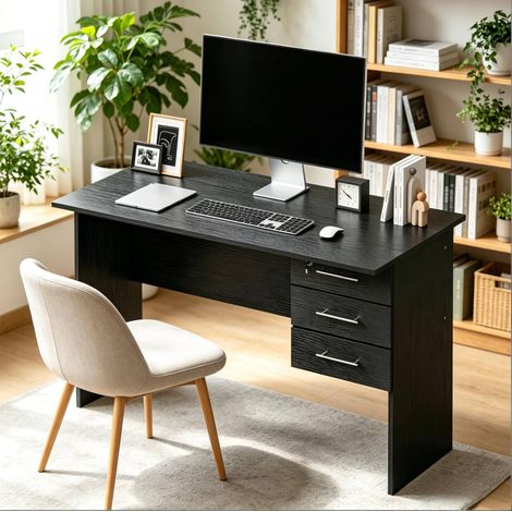 Escritorio de madera negro 120 x 60 x 75 cm con 3 cajones HAVRYA (1/5)