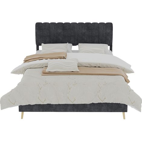 Lit rembourré moderne et minimaliste avec tête de lit moelleuse, 140x200 cm, gris, meuble de chambre multifonction, base basse (sans rangement), matelas non inclus. (1/5)