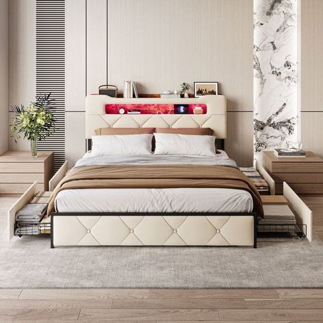 Letto Matrimoniale 140x190 con Rete 4 Cassetti - LED RGB - Porte USB - Letto Imbottito in Velluto con Doghe