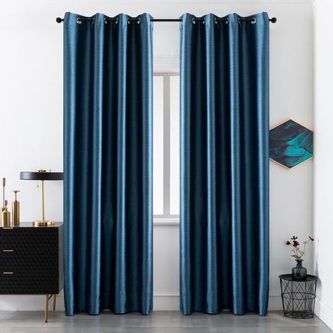 Paire de rideaux occultants effet métallisé pour salon, chambre, bureau, balcon, porte fenêtre, 2 panneaux avec œillets (bleu, 140 x 235 cm) (1/5)