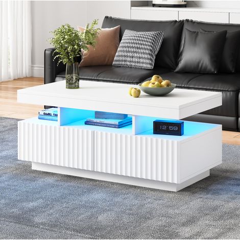 Couchtisch aus Spanplatte 100 x 50 x 45 cm Weiß mit 2 Schubladen und LED (1/5)