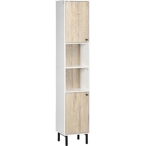 Colonne blanc et chêne 31,5x30x169 cm avec 6 compartiments pour douche, WC ou chambre, meuble gain de place fonctionnel design