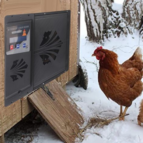 Puerta automática para gallinero con puerto USB y 3 funciones (sensor de luz, temporizador, mando a distancia), plástico negro, 34,5 x 29 cm. (1/5)