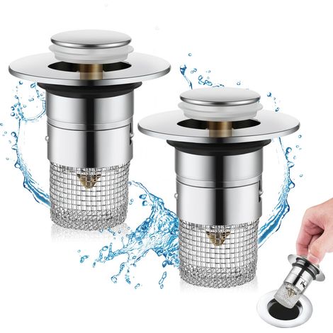 Lot de 2 bouchons de vidange de lavabo pour bonde de 34 à 40 mm avec tamis à cheveux, filtre universel pop-up pour évier de douche à écoulement rapide