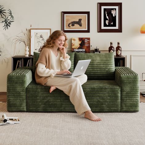 Canapé Convertible 2 places en velours côtelé vert, Canapé d'Angle Moderne ouverture express avec module compact, assise profonde, boneless modulaire, montage non requis, sans armature (1/5)