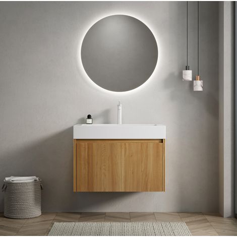 Mueble de lavabo suspendido de resina y madera contrachapada blanco y madera natural, 70 cm, 1 cajón (1/5)