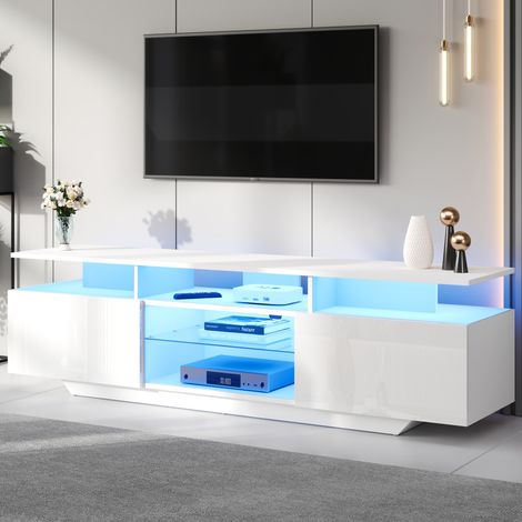 Meuble TV 160 x 40 x 45 cm avec LED, 2 armoires, MDF blanc, pour TV 70 pouces (1/5)