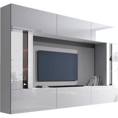 Wohnzimmermöbelset in Weiß, hängend, Kollektion CEPTO XXVIII. 249 cm, 8 Möbelstücke, LED, modulierbar.