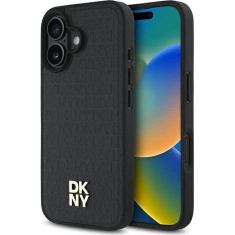 Custodia rigida DKNY DKHMP16SPSHRPSK per iPhone 16 6.1, nera/nera, con motivo ripetuto e logo a strati, MagSafe. (1/5)