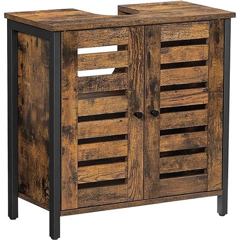 Meuble sous lavabo, Armoire Salle de Bain, Placard de Rangement, 60 x 30 x 60 cm, avec Cadre en Acier, Portes persiennes, Planche réglable, Style Industriel, Marron Rustique et Noir (1/5)