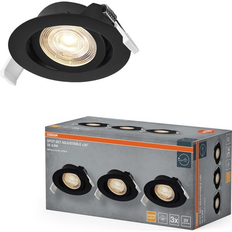 Spot Set Spot LED encastrable, 4,9 W, 2 700 K, spot de plafond 36°, noir, aluminium/plastique, pivotant, lot de 3 (1/3)