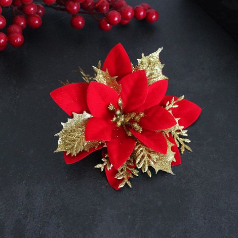 (Or rouge) Clip de ceinture de fleur d'arbre de Noël 10 pièces, fleurs de Noël artificielles à paillettes, guirlande de fleurs d'arbre de Noël de poinsettia à paillettes, guirlande, décoration d'arbre