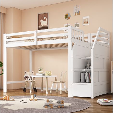 Letto a soppalco 90x200 cm bianco in pino e MDF con scala contenitore e barriera (1/5)