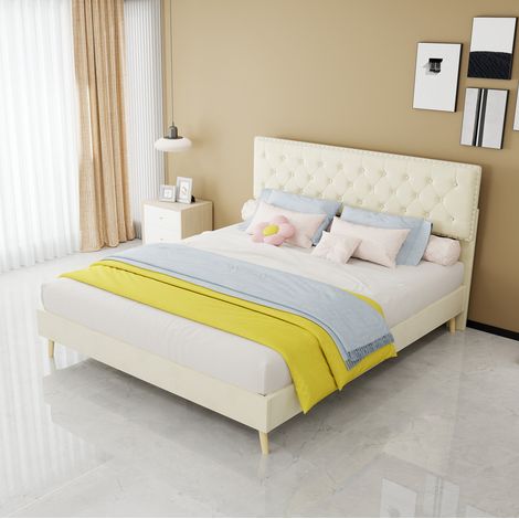 Bett modern gepolstert 160x200 cm, Dutch Velvet beige, Metallgestell, hohes Kopfteil, Lattenrost, Stauraum unter dem Bett (1/5)