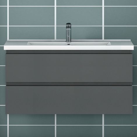 1000mm Bathroom Vanity Unit With Wash Basin Ceramic Sink, 2 Drawers, High Gloss Grey, Cloakroom Storage Furniture Under Basin Cabinet, Wall Hung Cabinets (1/4)