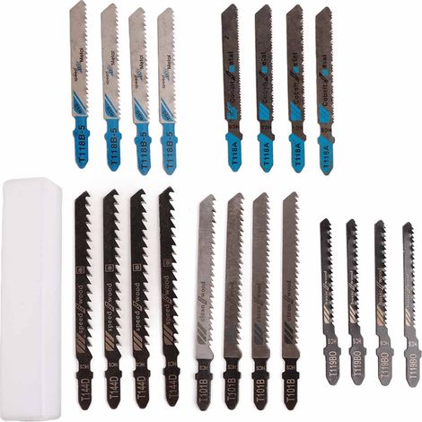 Jeu de 20 lames de scie sauteuse HSS à emmanchement en T, coupe rapide et précise pour bois et métal. (1/5)