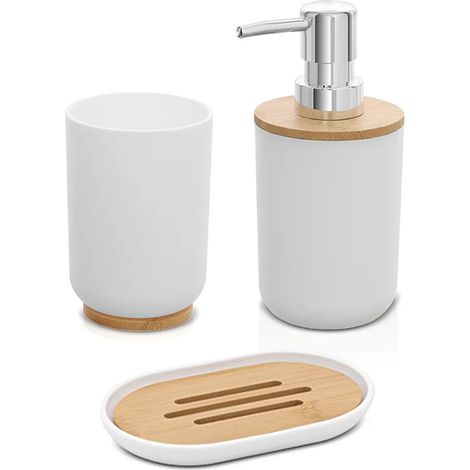 Accessori bagno da appoggio in set 3 pezzi in abs bianco e bambù Surf (1/5)