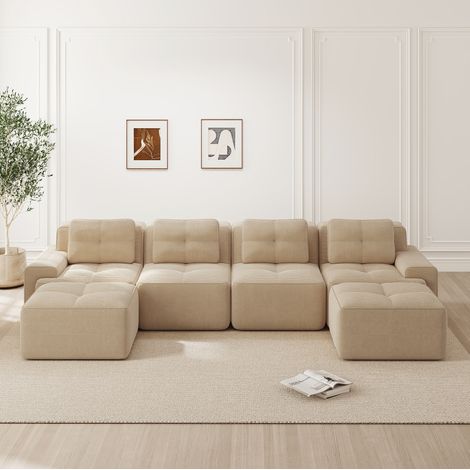 Divano modulare 382x177x69 cm beige in velluto a coste con chaise longue a U e base antiscivolo (1/5)
