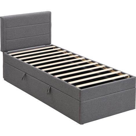 Cama tapizada 90 x 200 cm con somier metálico y gran espacio de almacenaje, gris (1/5)