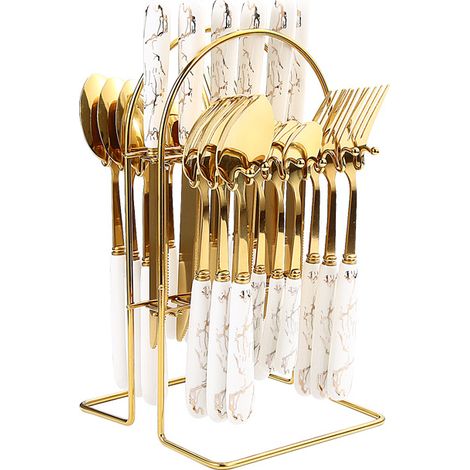 Ménagère dorée - Ménagère 24 pièces - Couverts en acier inoxydable - Ménagère pour 6 personnes - Ustensiles de cuisine - Porte-couverts (1/5)