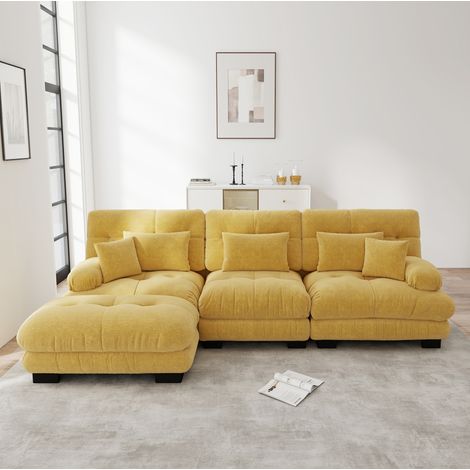 Divano angolare modulare 313x145x81 cm giallo in chenille con ottomana e seduta profonda (1/5)