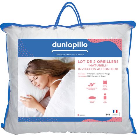 Lot de 2 oreillers Invitation au Bonheur - 100% plumettes - 60/60 - DUNLOPILLO