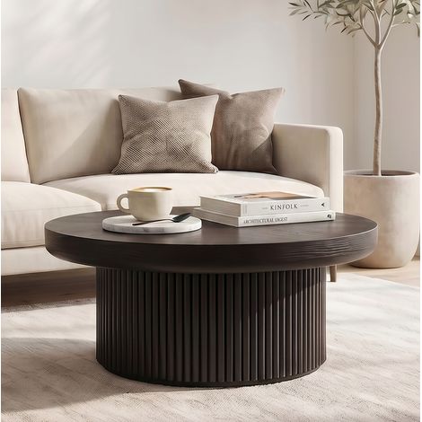 Table basse ronde 78 cm, plateau effet parquet bois, base cylindrique rainurée, noire DESVIAE (1/5)