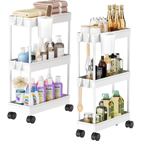 Lot de 2 Chariot de Rangement à 3 Niveaux à roulettes avec Crochets et suspendues Amovibles pour Salon/Salle de Bain/Buanderie/Cuisine/Bureau (Blanc) (1/5)