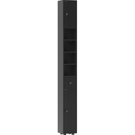 Meuble de salle de bain colonne étroite 180 cm, 2 placards, tiroir et étagères ouvertes, noir, panneau de particules, rangement gain de place - CHICFURN (1/5)