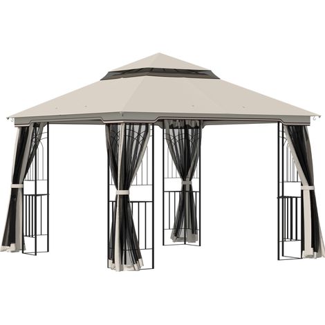 Gartenpavillon 2,99 x 2,99 m mit Doppeldach und 4 Seitenwänden, Metall/Polyester, Beige (1/5)