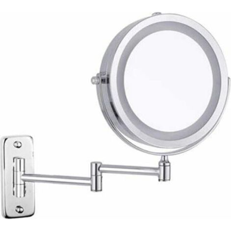 Miroir de courtoisie mural lumineux LED double face loupe 10x 360° rotatif rétractable chrome 7 pouces
