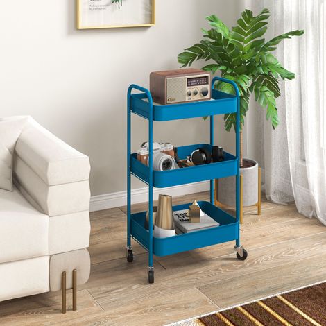 Chariot de rangement à 3 paniers et structure en acier pour salon, chambre, bureau, cuisine, 45 x 30,6 x 79 cm, bleu foncé