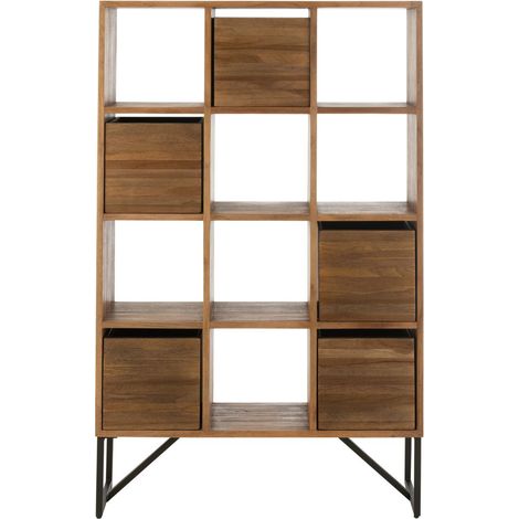 Etagère 12 cubes 100x30x158 cm en teck marron et métal noir - DOXY (1/5)