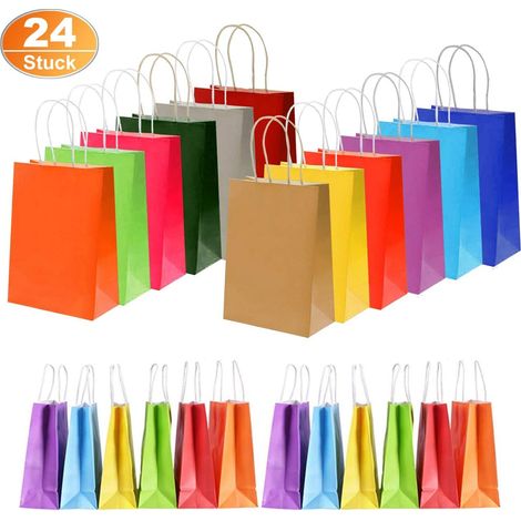 MINKUROW 24 Stück Geschenktüten aus Papier, bunte Papiertüten, Kraftpapier, Süßigkeitentüten, 22 x 8 x 16 cm, Partytüten mit Griff, ideal für Kinderpartys, Babypartys, Hochzeiten, Weihnachten (22 x 16 (1/5)