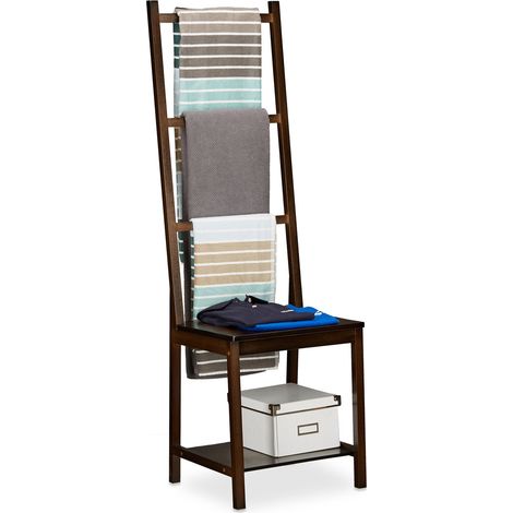 Relaxdays Sedia Portasciugamani in Bambù, HLP 133 x 40 x 42 cm, Bagno e Camera da Letto, Omino Servomuto, Marrone Scuro