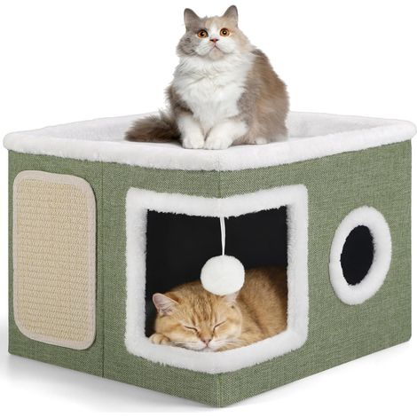 1 - Niche pour Chat - Griffoir - Lit Pliable 2 Niveaux avec Coussin Double Face et Jouet Suspendu pour Intérieur Extérieur Gris 60x40x50cm (1/5)