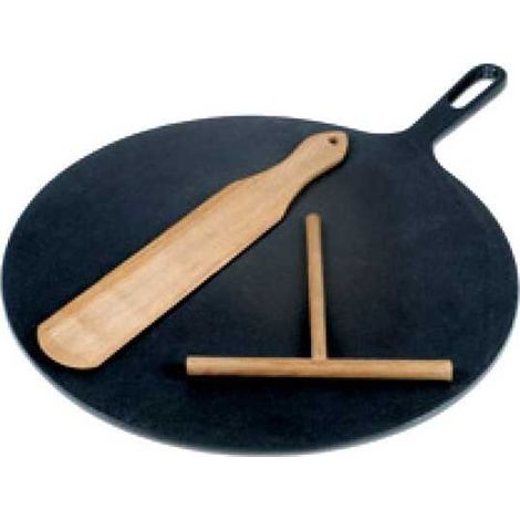 Crêpière en fonte bretonne 32 – Surface lisse – Poignée intégrée – Inclus roule-pâte, spatule et livre de recettes – Convient cuisson induction – Ilsa