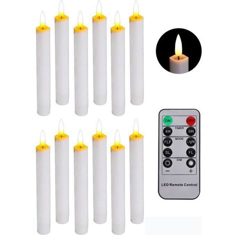 KLVGTIFS PU - Lot de 12 bougies coniques sans flamme vacillantes avec télécommande à 10 touches, fonctionne avec piles, mèche 3D, 16.5cm ivoire (1/4)