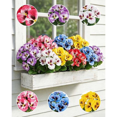 12 Bundles Artificial Flowers Outdoor, 6 Colours UV Resistant Faux Pansy Flowers Plants, Plastic Fake Silk Flowers Shrubs Plants for Garden Hanging Basket Planter Patio Porch Indoor Outdoor Home Decor